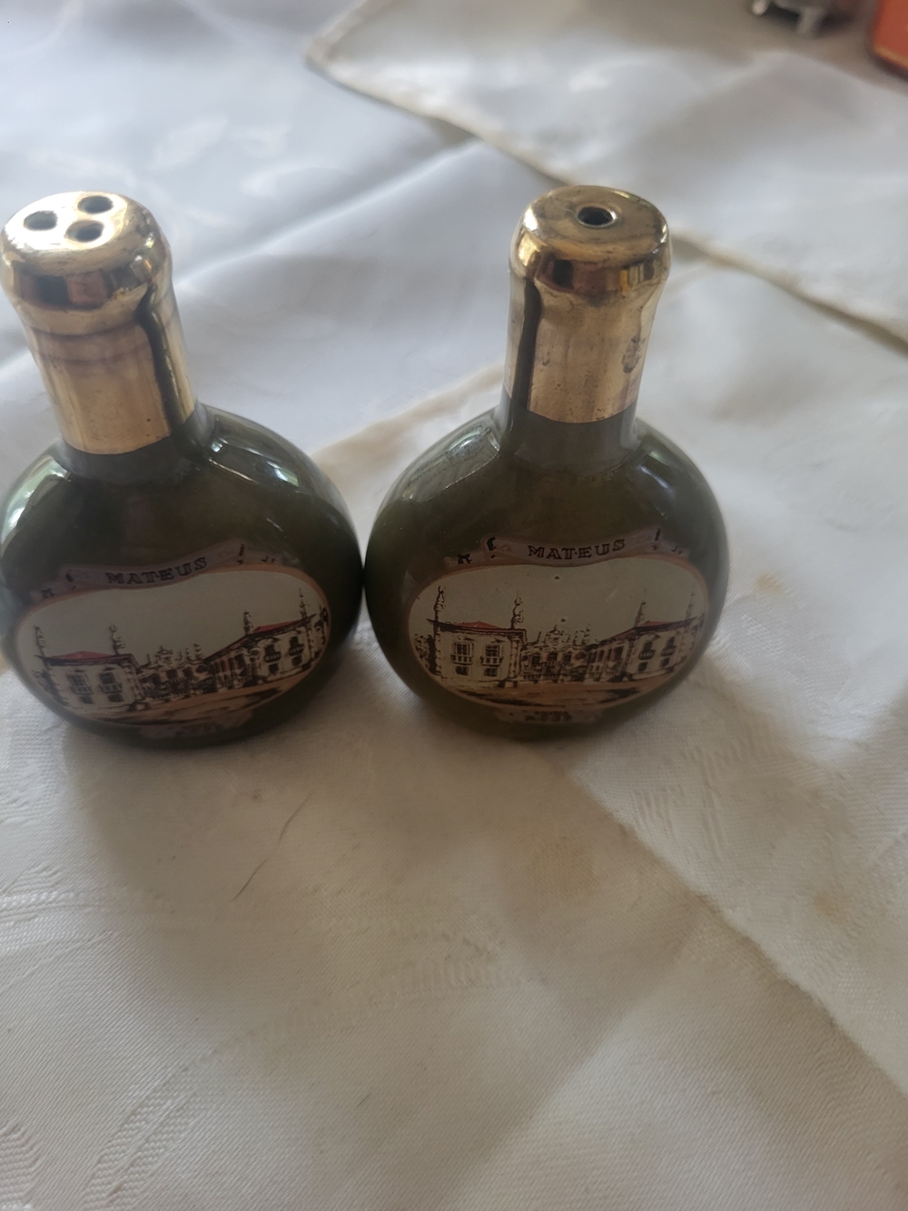 Vintage Mateus Rose Salt and Pepper shakers from 1970s.